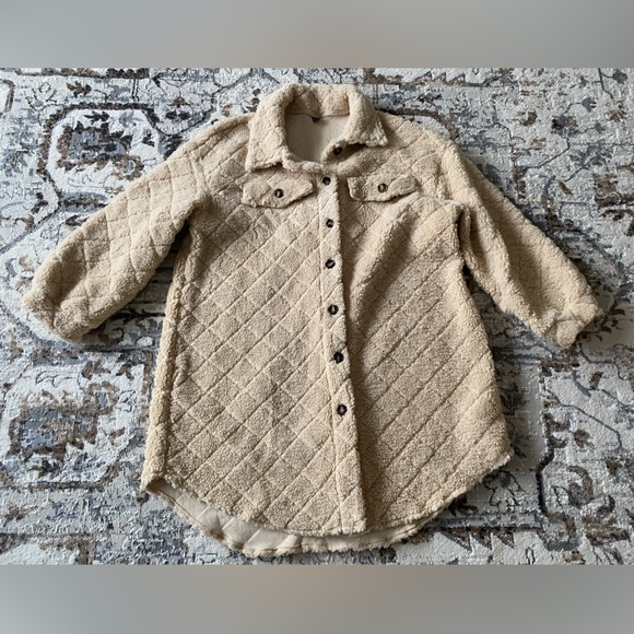 New Flap Detail Drop Shoulder Teddy Coat Shacket Button Down Long Sleeve Warm - Picture 7 of 16